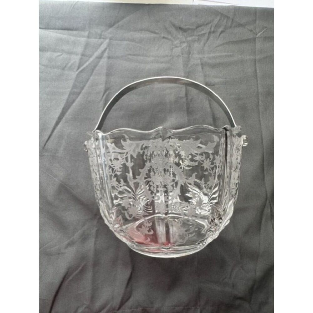Vintage Fostoria Baroque Crystal Ice/ Bucket /w Handle and Tongs Floral Pattern